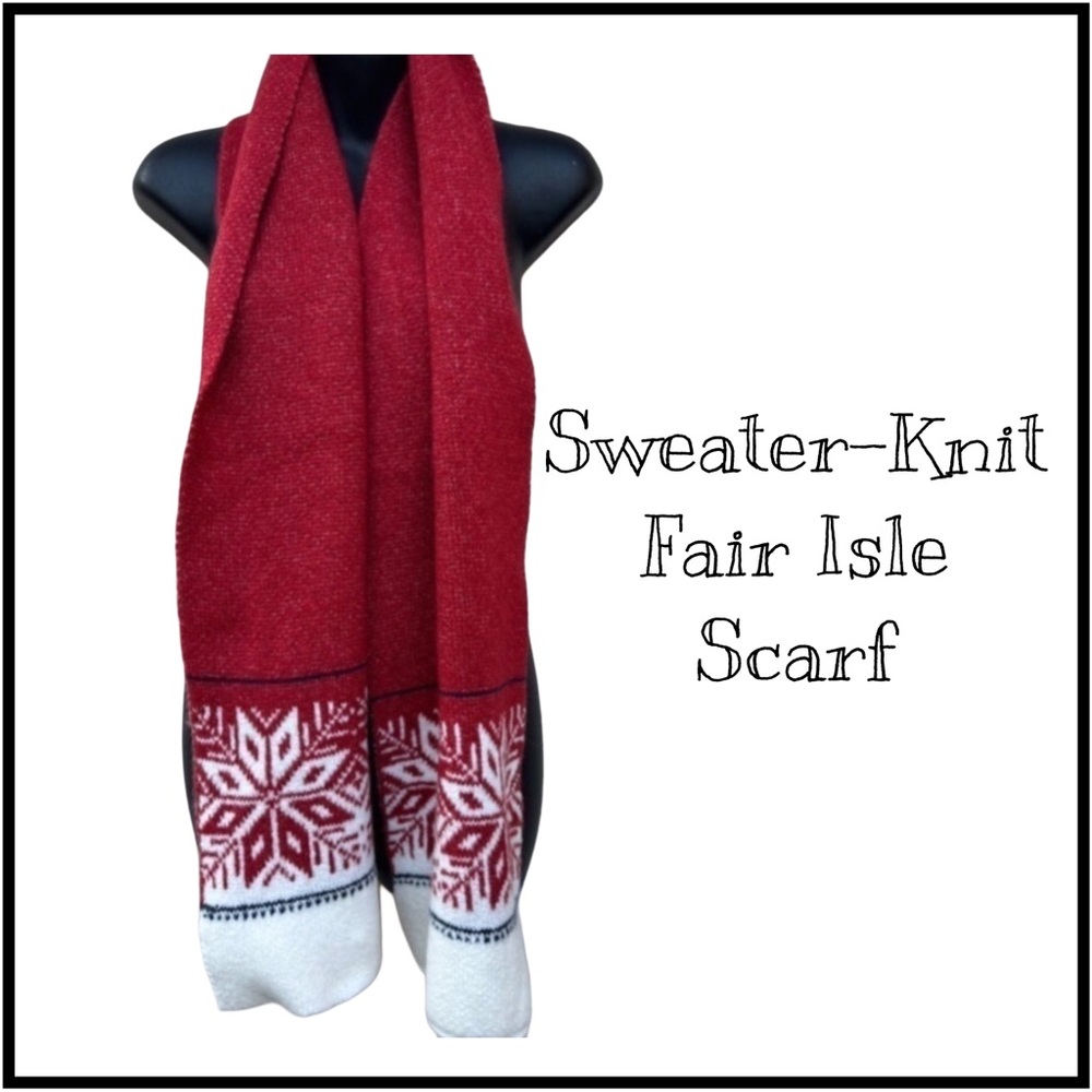 Sweater-Knit Fair Isle Scarf Red White Snowflake